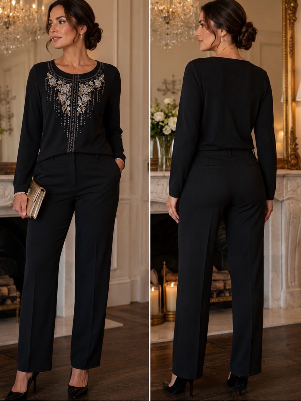 Alfred Dunner Embroidered Floral Top XL Black Long Sleeve